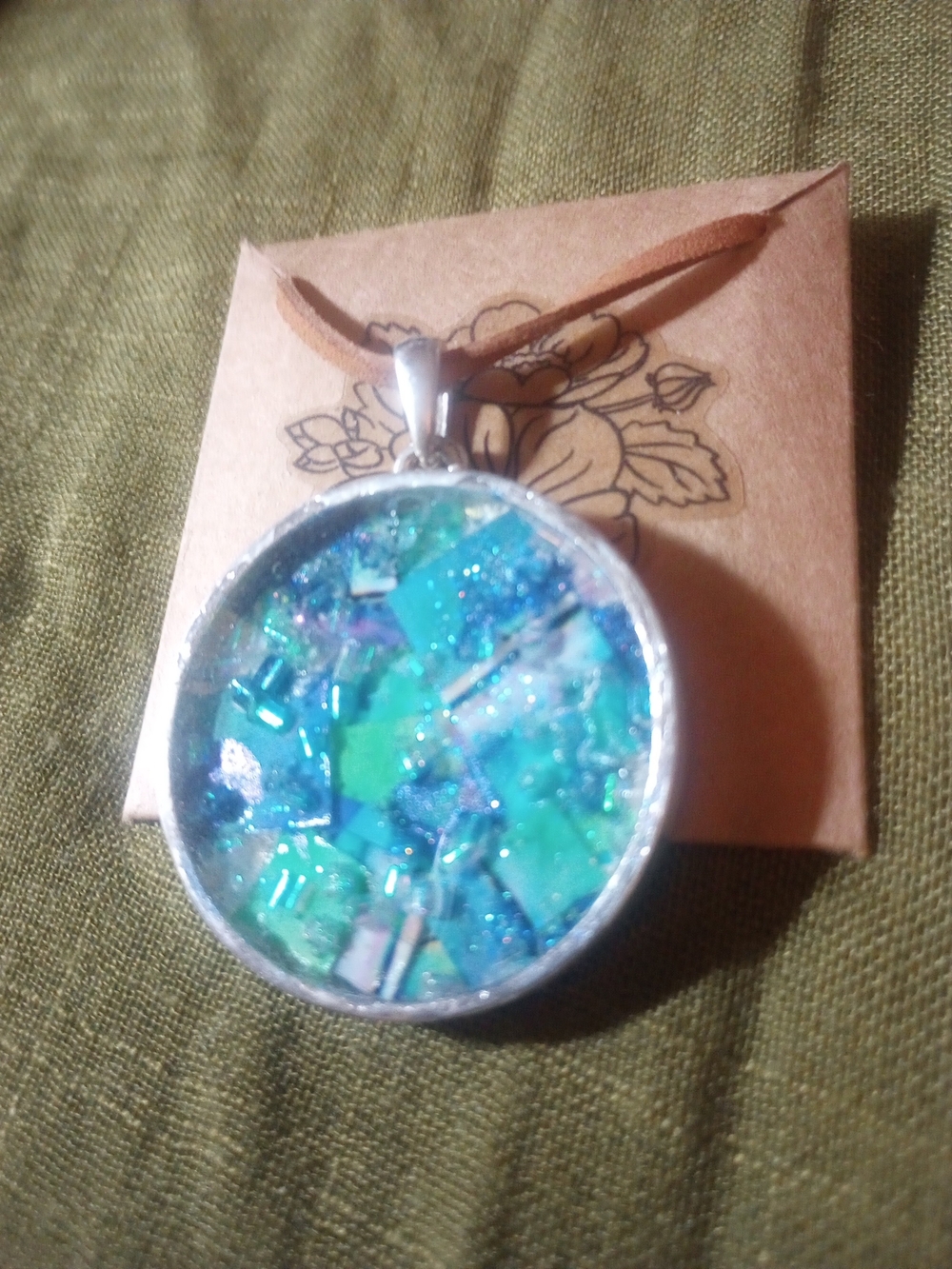 Handmade Blue-Green Mosaic Pendant Necklace